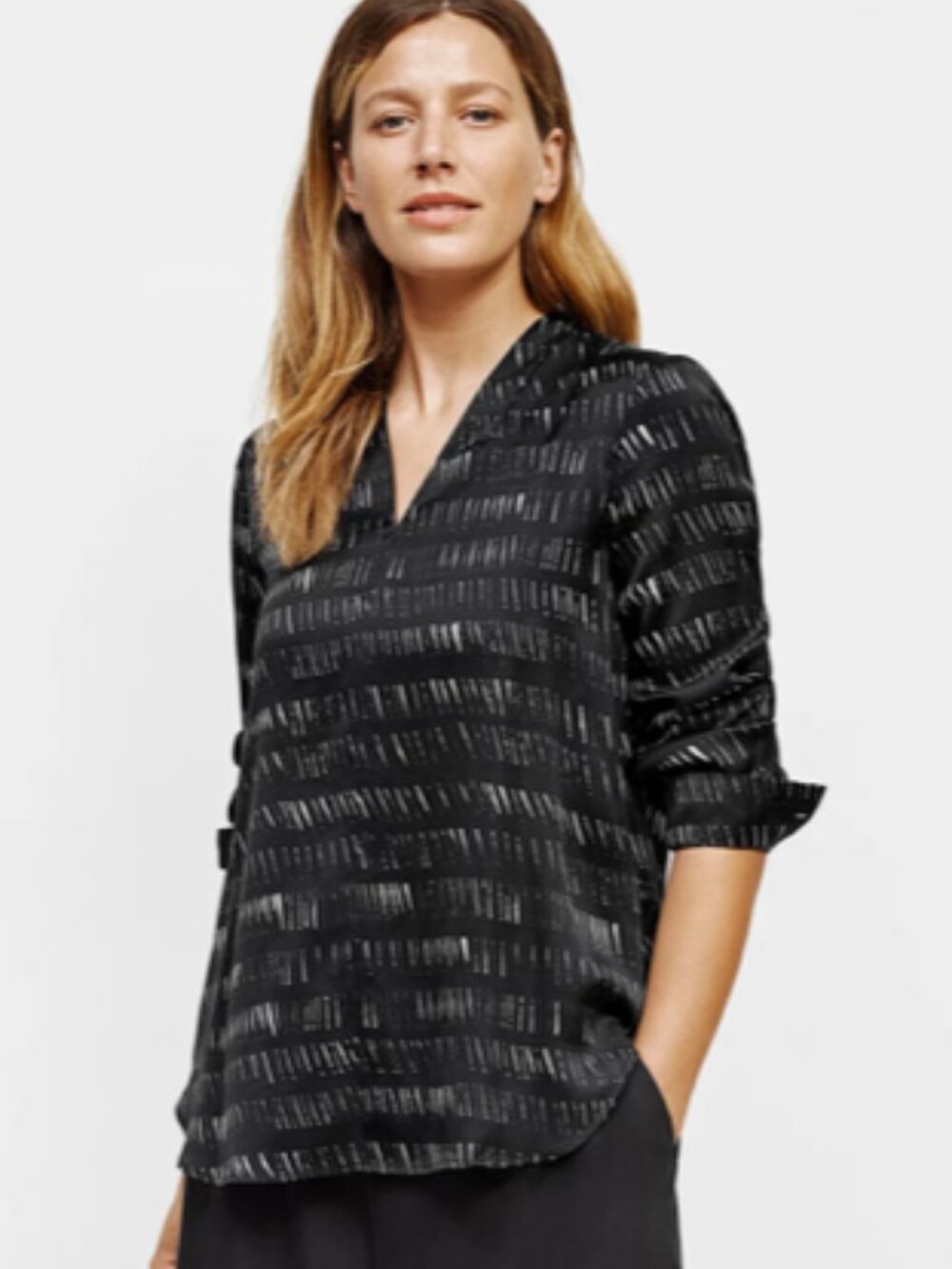 Eileen Fisher Silk Organic Cotton Dash V-Neck Blouse Black White Size Large L